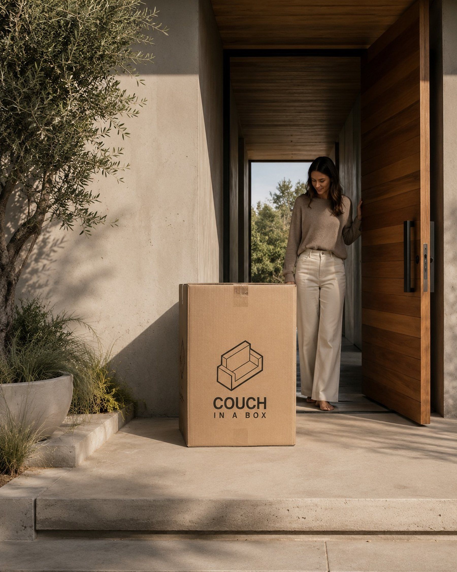 Caja Couch in a Box en la puerta de casa